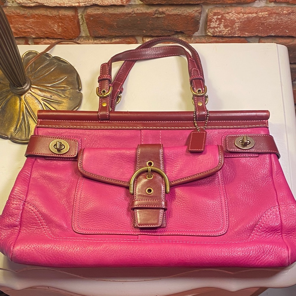 Coach Pink Leather Shoulder Bag with Brown Trim